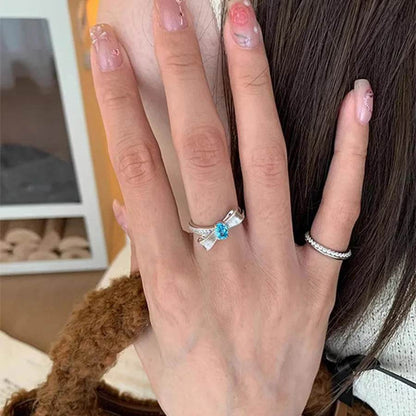 PANJBJ 925 Sterling Silver Blue Zircon Bowknot Rings For Women Frosting Zircon Versatile Sweet Romantic Jewelry Gift Dropship - Touchy Style