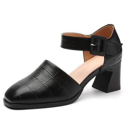 New Fashion Genuine Leather Sandals Woman High Heels Closed Toe Ladies Summer Buckle Strap Platform Shoes Women Sandals