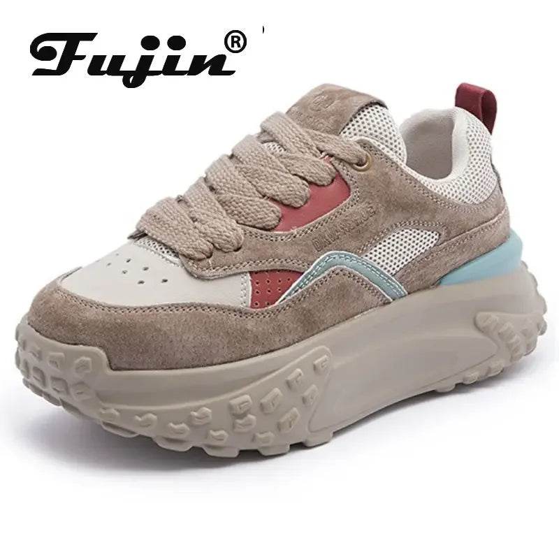 6cm Genuine Leather Platform Mesh Breathable Sneakers Chunky Hidden Heel Mixed Color Women Autumn Spring Vulcanize Shoes - Touchy Style