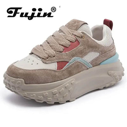 6cm Genuine Leather Platform Mesh Breathable Sneakers Chunky Hidden Heel Mixed Color Women Autumn Spring Vulcanize Shoes - Touchy Style