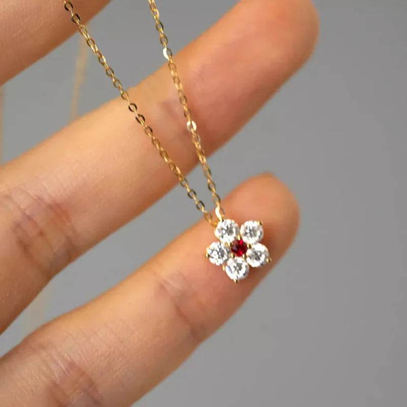 925 Sterling Silver Retro High Quality Flowers Pendant Necklace Red CZ For Women Birthday Gift Fine Jewelry - Touchy Style