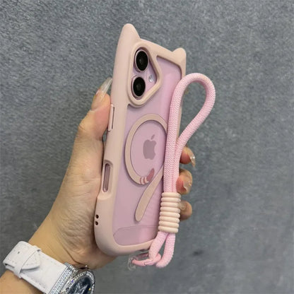 3D Cute Cat Ear Magsafe Case for iPhone 13 14 15 16 Pro Max 11 12 15 16 Plus Transparent PC Armor Cover with Wrist Strap Chain