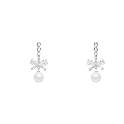 925 Sterling Silver Drop Earring Charm Jewelry - Classic Bowknot With Pearl - E9420 - Touchy Style