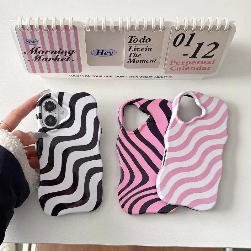 Glossy Wave Pattern Hit Color Stripe Protective Phone Case For iPhone 16 15 14 13 12 Pro Max Shockproof Water Ripple Back Cover
