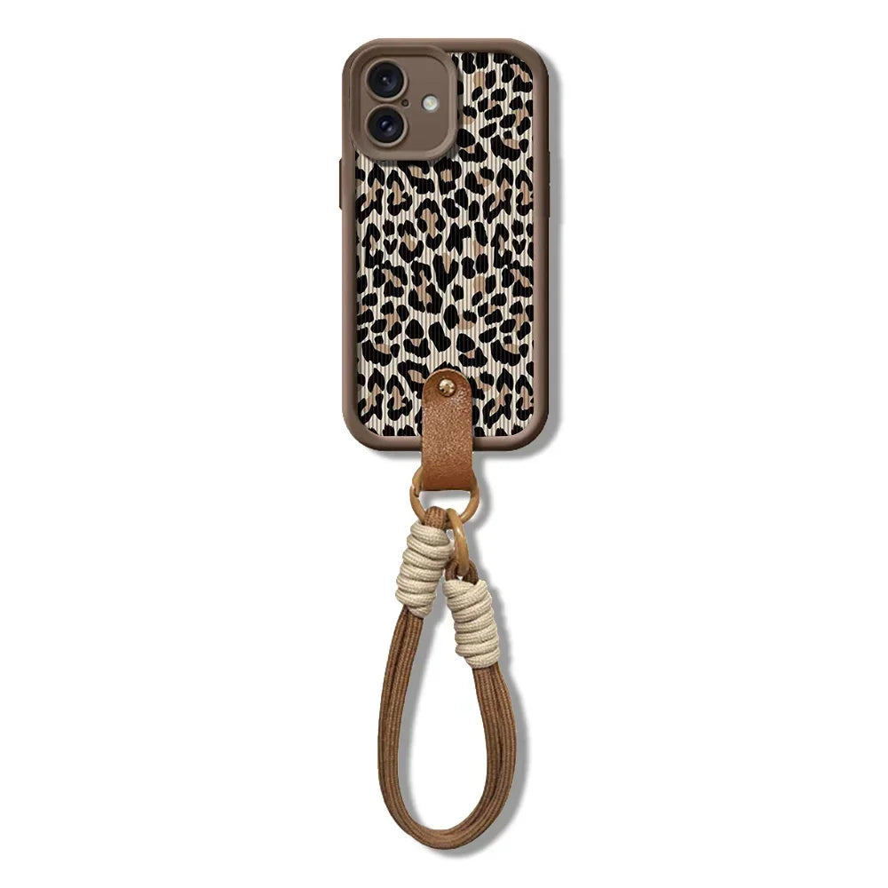 Cute Phone Cases for iPhone 7, 8, 8 Plus, X, XR, XS, XS Max, 11, 12, 13, 14, 15, and 16, Pro and Pro Max - Leopard Pattern with Wrist Strap - TSP474