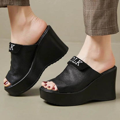 Retro Slippers Genuine Leather Shoes Handmade Slides Woman Slipper Peep Toe Platform Wedge Clogs For Women - Touchy Style