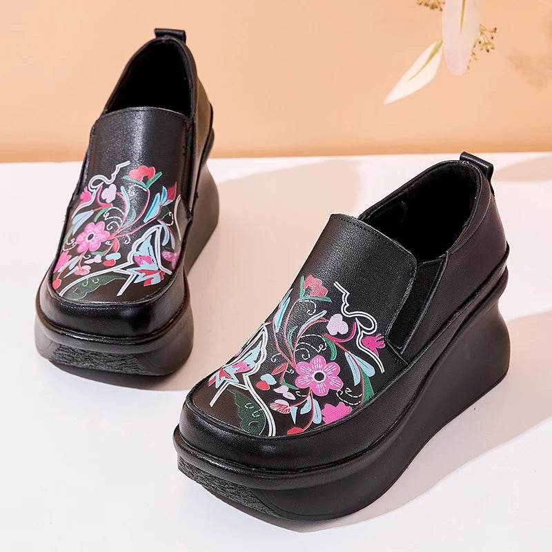 Spring Ethnic Style Women Genuine Leather Shoes Slip-On Wedges Heels Shoes Thick Sole Casual Ladies Platform Shoes - Touchy Style