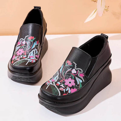Spring Ethnic Style Women Genuine Leather Shoes Slip-On Wedges Heels Shoes Thick Sole Casual Ladies Platform Shoes - Touchy Style