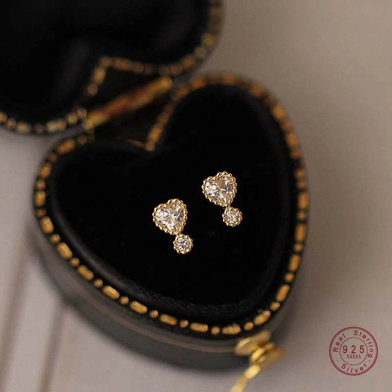 Real 925 Sterling Silver Women Fashion Zircon Stud Earrings Heart Birthday Sparkling for Daughter Girls - Touchy Style