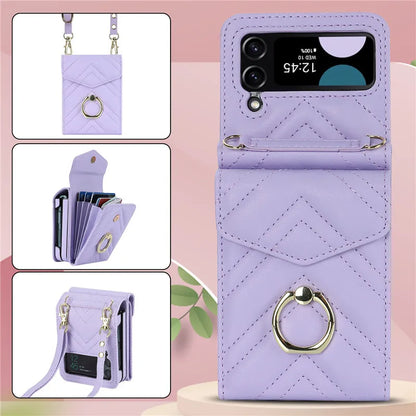 BCPC947 Cute Phone Cases for Galaxy Z Flip 5, Galaxy Z Flip 4, and Galaxy Z Flip 3 - Luxury Crossbody Leather Wallet Cover