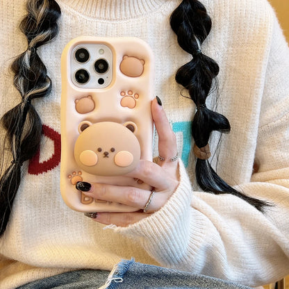 3D Bear Hidden Holder Cute Phone Case for iPhone 11, 12, 13, 14, 15 Pro Max, XS, XR, X, 7, 8 Plus