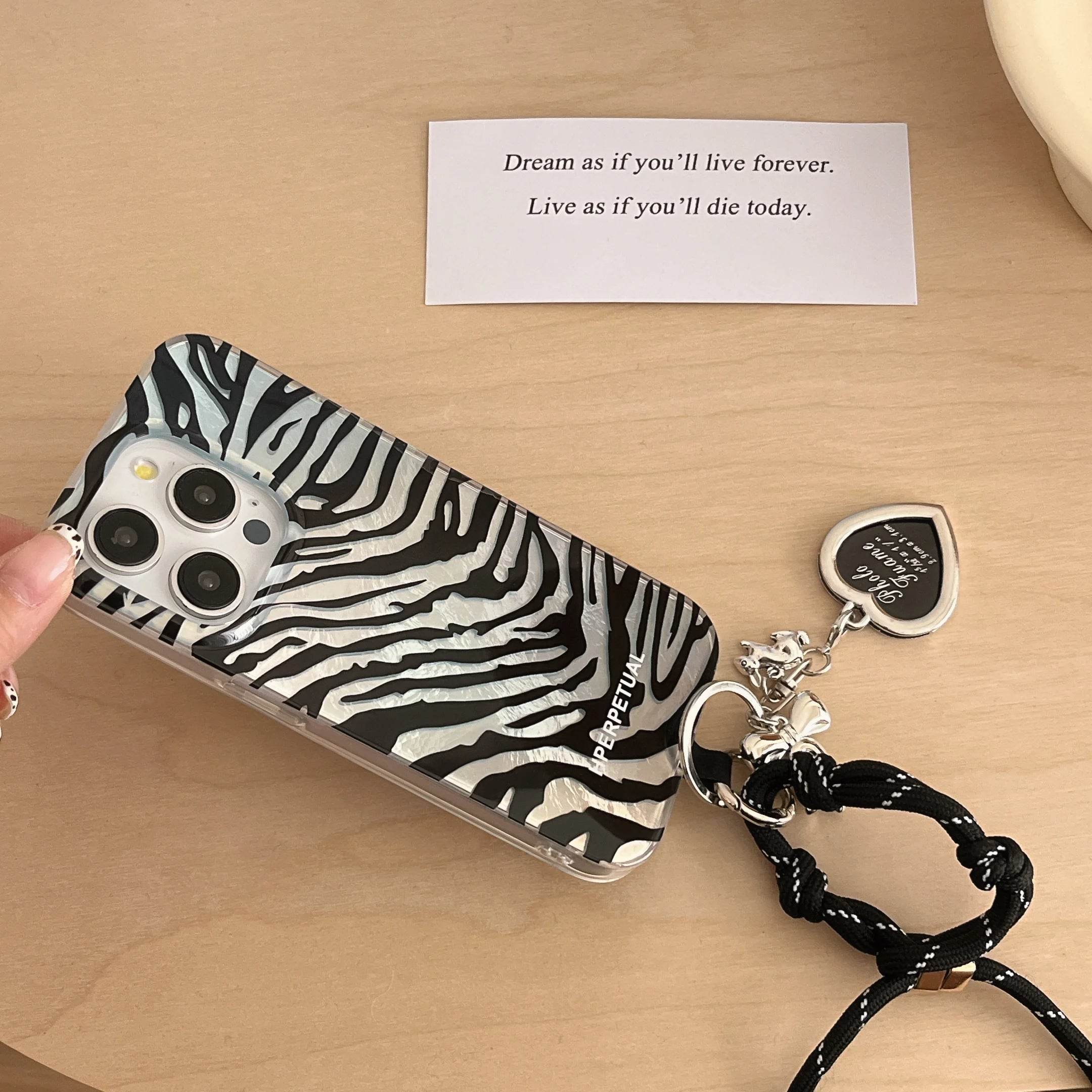 Cute Phone Cases iPhone 16, 15, 14, 13 Pro Max - Double Layers Zebra Pattern - Black Heart Wrist Chain - PC1420 - Touchy Style