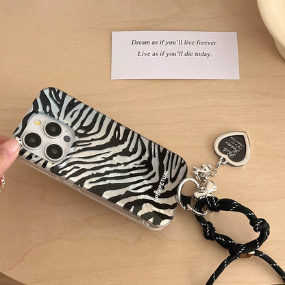 Cute Phone Cases iPhone 16, 15, 14, 13 Pro Max - Double Layers Zebra Pattern - Black Heart Wrist Chain - PC1420 - Touchy Style