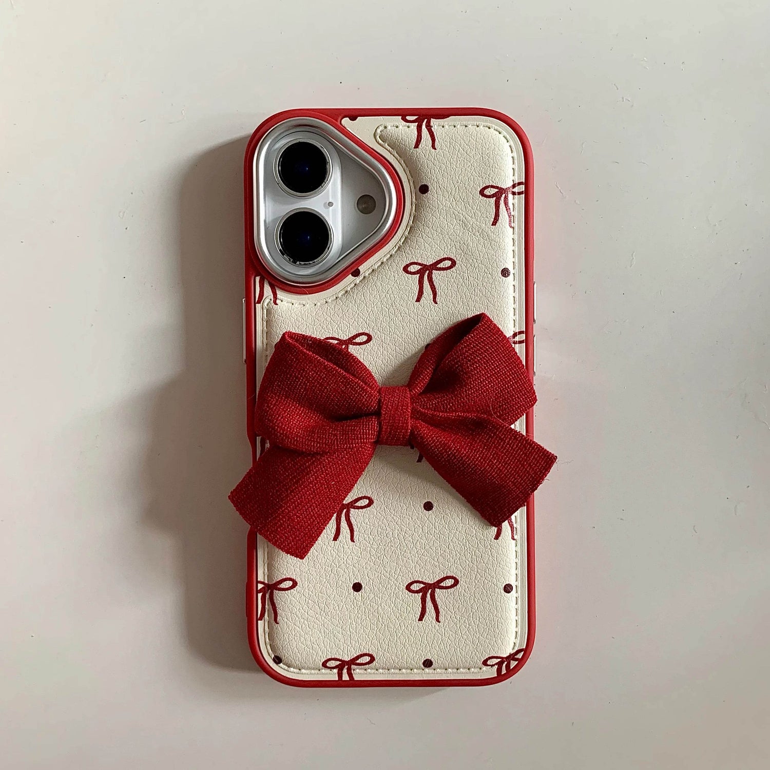 Cute Phone Cases - Leather Texture Red Bowknots - Vintage Back Cover for iPhone 16 15 14 13 Pro Max - Touchy Style