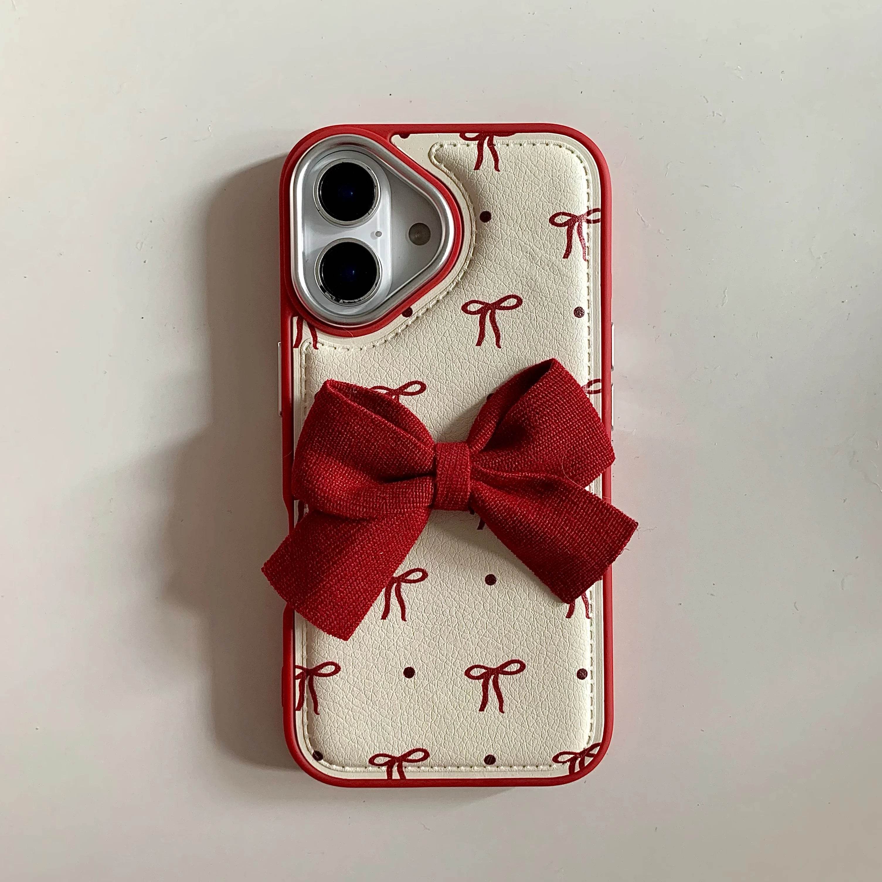Cute Phone Cases - Leather Texture Red Bowknots - Vintage Back Cover for iPhone 16 15 14 13 Pro Max - Touchy Style