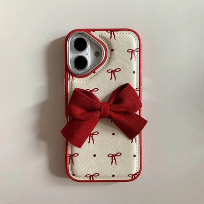 Cute Phone Cases - Leather Texture Red Bowknots - Vintage Back Cover for iPhone 16 15 14 13 Pro Max - Touchy Style