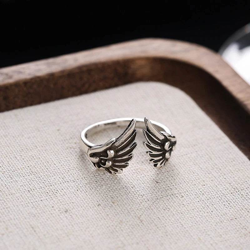PANJBJ 925 Sterling Silver Wing Rings For Women Feather Retro Texture Hip Hop Design Jewelry Party Gift Dropshipping - Touchy Style