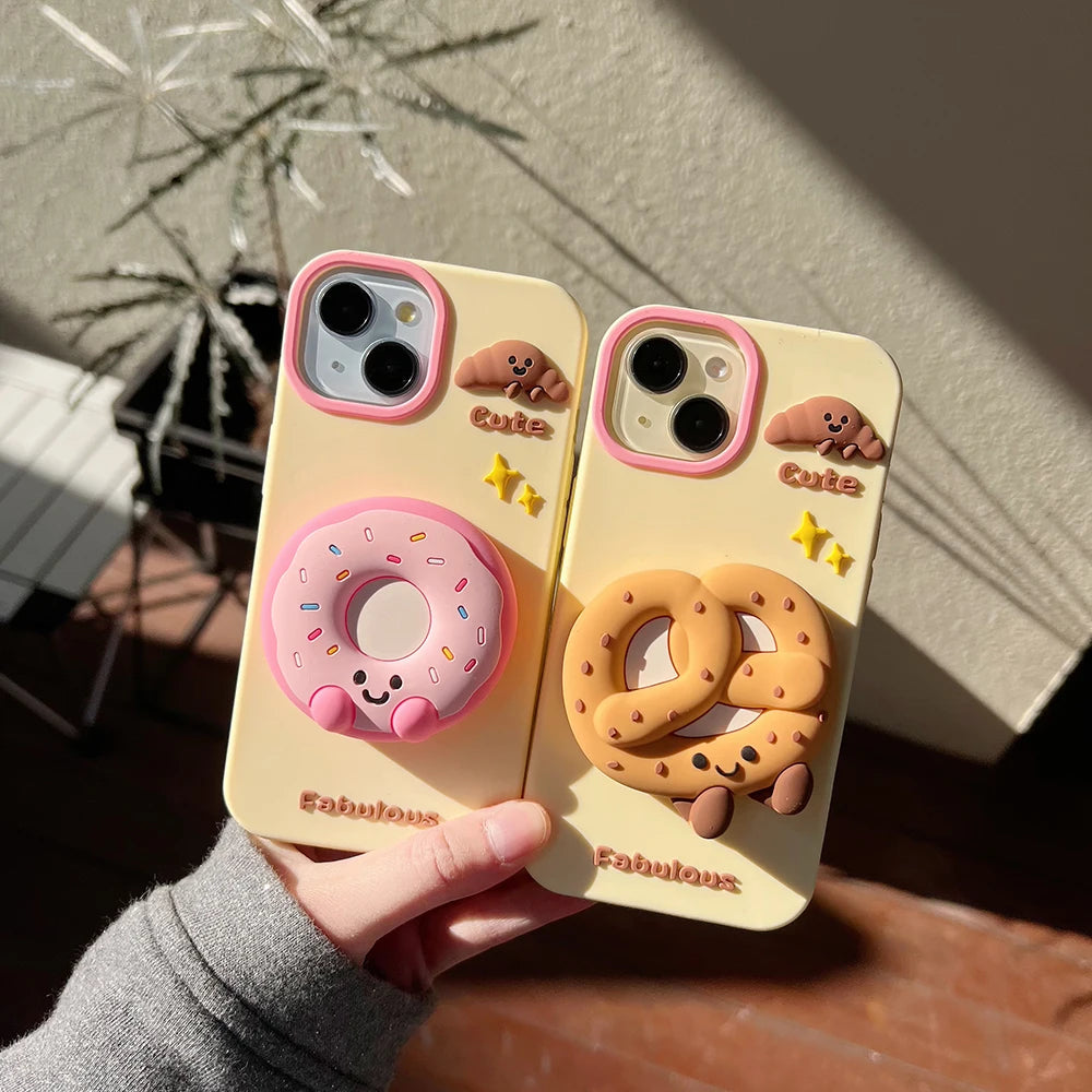 Cute Sweet Fabulous Donut Cookies Bread Cake Case For iPhone 16 15 14 Plus 13 12 Pro Max Soft Silicone Cover With Stand Holder