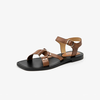 BEAUTODAY Fashion Sandals Women Genuine Cow Leather Buckle Strap Metal Decoration Solid Color Summer Ladies Shoes Handmade 32441