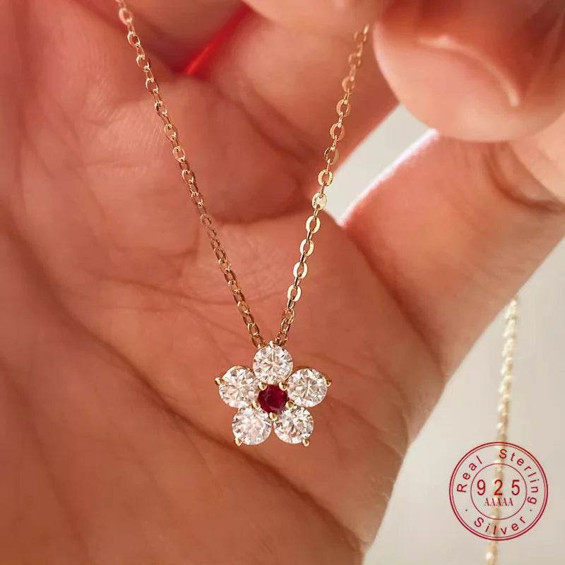 925 Sterling Silver Retro High Quality Flowers Pendant Necklace Red CZ For Women Birthday Gift Fine Jewelry - Touchy Style