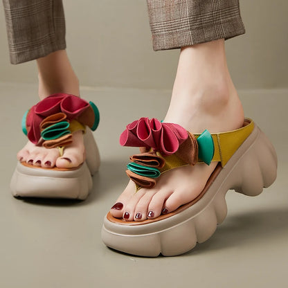 Genuine Leather Sandals Floral Women Slippers Summer Shoes Platform Outside Slides Thick Soles Leisure Ladies Slippers