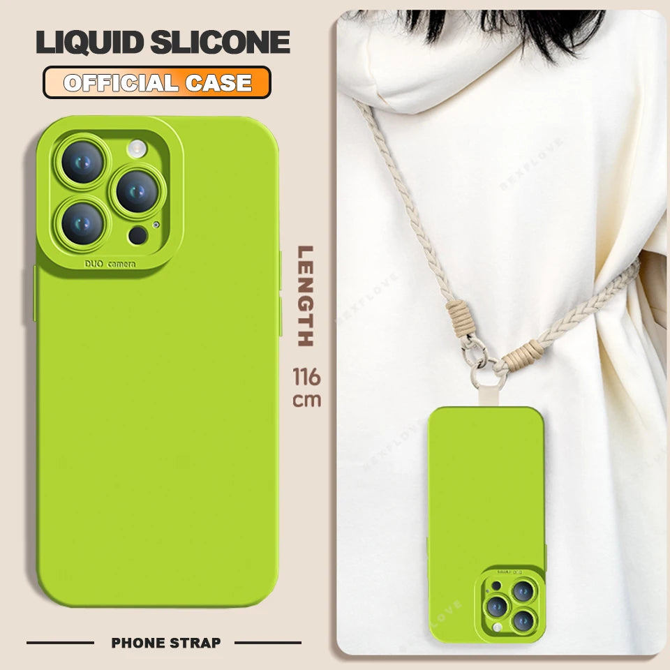 Lanyard Liquid Silicone Phone Case For iPhone 16 14 15 Plus 12 13 Mini 11 16 Pro X XR XS Max 16E SE Strap Protector Soft Cover