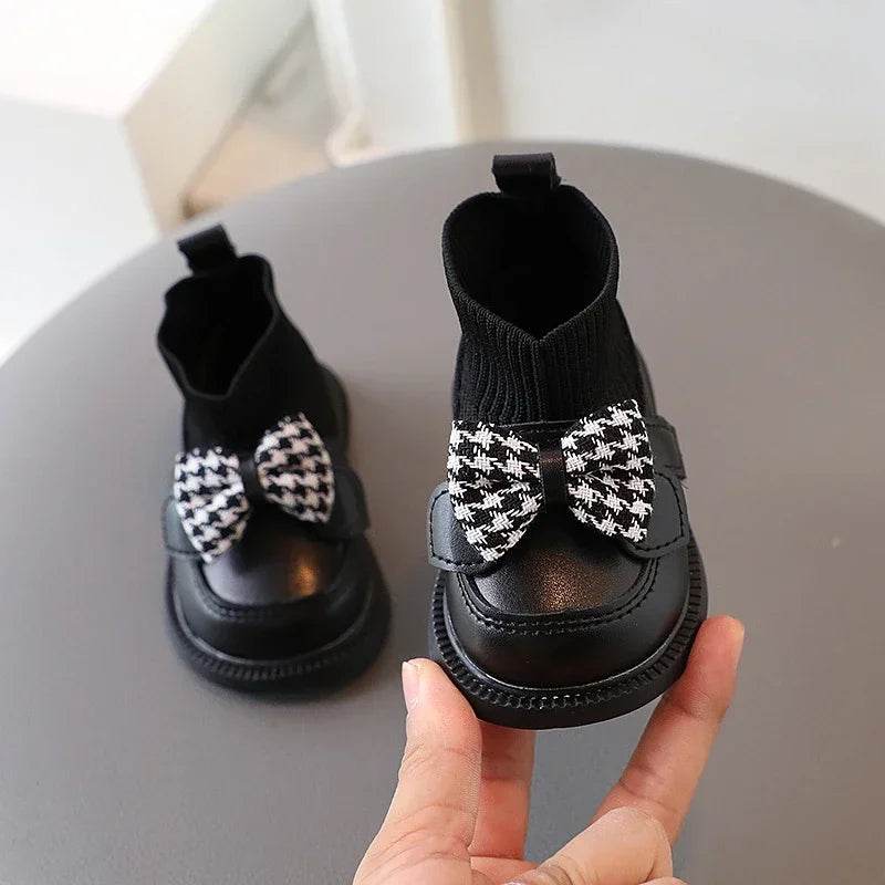 High Top Baby Girl Kintted Sock Shoes Houndstooth Buttefly-knot Toddler Boots for Kids Girls Elegant Newborn Autumn Shoes G09273 - Touchy Style