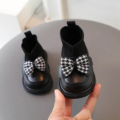 High Top Baby Girl Kintted Sock Shoes Houndstooth Buttefly-knot Toddler Boots for Kids Girls Elegant Newborn Autumn Shoes G09273 - Touchy Style