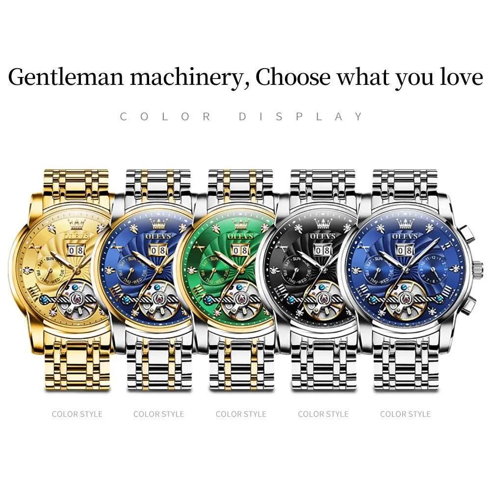 OLEVS Mens Watch Automatic Mechanical Tourbillon Slef-Wind Luxury Stainless Steel Strap Waterproof Luminous Date Wrist Watch - Touchy Style