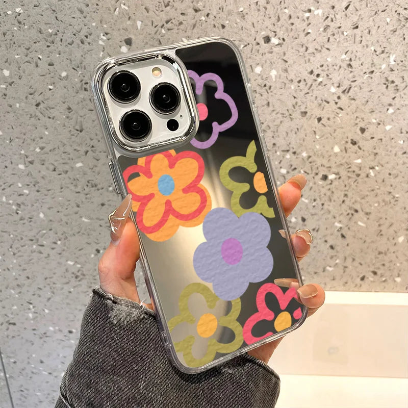 Flower Mirror Phone Case For iPhone 14 Pro Case for iPhone 13 11 12 15 16 Pro Max X XS XR Shockproof Silicone Cover Girl Shell