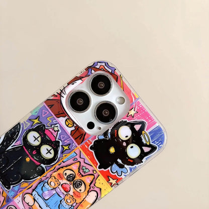 Luna black cat Anime Cartoon Graffiti kitten Funny Phone case For iPhone 16 15 14 13 12 Pro Max Case Cute Luxury Cartoon Cover - Touchy Style