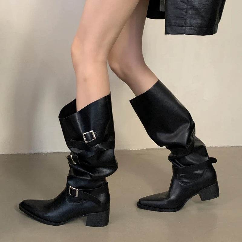Eilyken Winter Black Punk Round Toe Knee-High Women Boots Square Heels Buckle Strap Ladies Booties Shoes Zapatillas De Mujer - Touchy Style