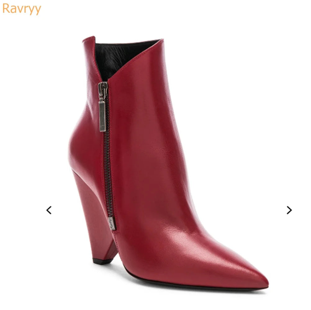 Red High Heel Wedges Women Boots Side Zipper Pointed Toe Sexy Fashion Ankle Boots Real Leather Spring Autumn Comfort Short Shoes