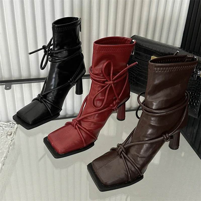 Spring Autumn Design Cross- Strap Women Ankle Boots Punk Style Square Toe High Heels Zipper Booties Shoes - Touchy Style