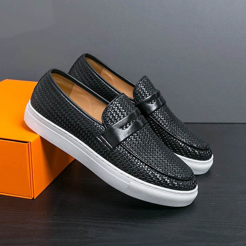 Fashion Slip On Loafers Men Shoes Board Soft Casual Leather Shoes Men Breathable Party Weave Pattern Shoes For Man Flat Free - Touchy Style