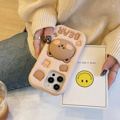 3D Bear Hidden Holder Cute Phone Case for iPhone 11, 12, 13, 14, 15 Pro Max, XS, XR, X, 7, 8 Plus
