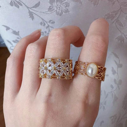 925 Sterling Silver Finger Ring Charm Jewelry - Zircon Wide Lace Hollow Out - R6120 - Touchy Style