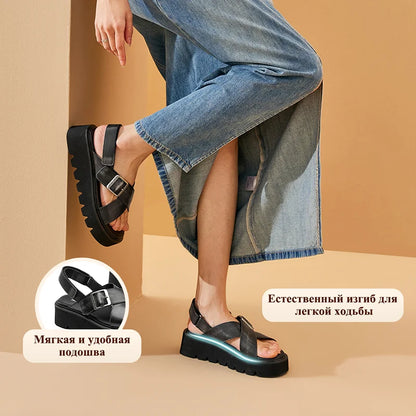 BEAUTODAY Platform Sandals Women Polished Cow Leather Open Toe Cross-tied Solid Metal Strap Summer Ladies Shoes Handmade 38250