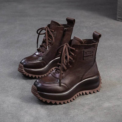 Handmade Woman Genuine Leather Sneakers Thick Soled Short Boots Height Increasing British style Platform Women&