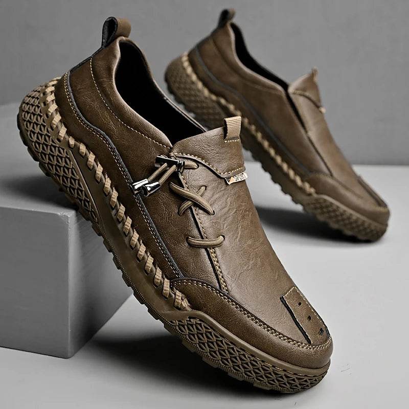Fashion Leather Men Casual Shoes Hand-stitching Soft Mens Loafers Comfy Moccasins Breathable Slip on Driving Shoes Treking Flats - Touchy Style