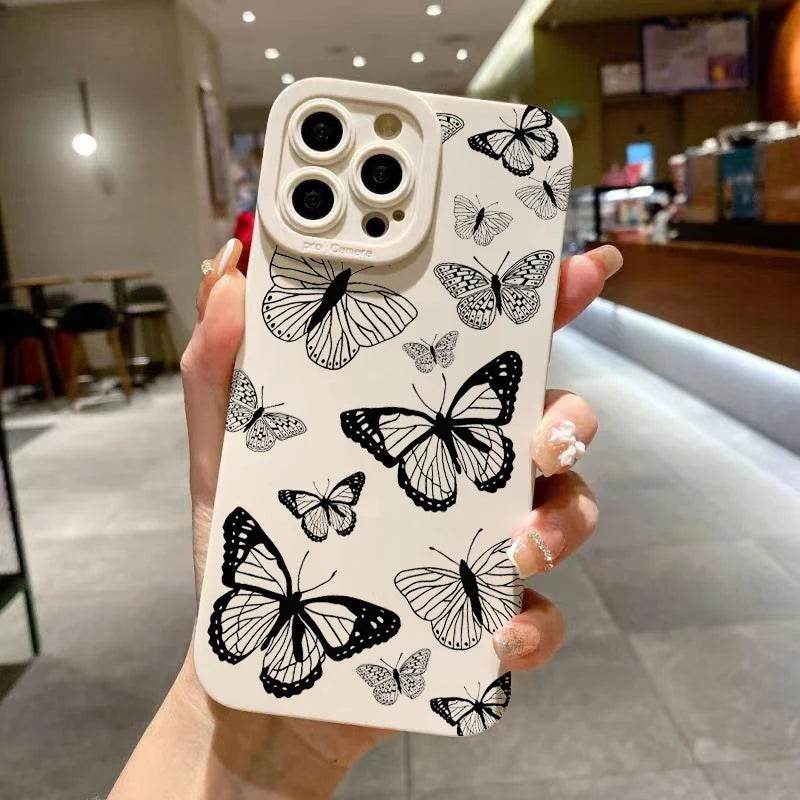 Cute Phone Cases For iPhone 16, 15 Pro Max, 14 Plus, 13, 12 Mini, 11 - Black Butterfly Graphic Printing Back Cover - Touchy Style