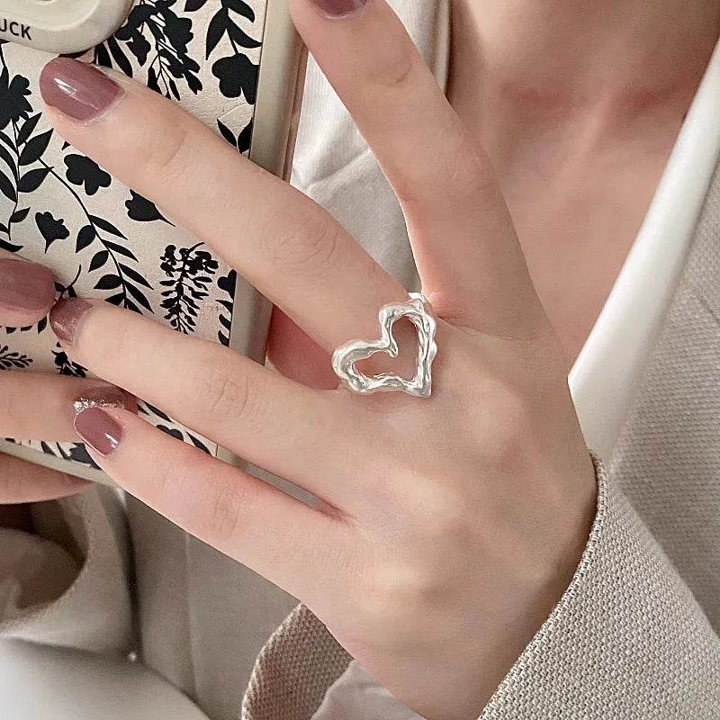 PANJBJ 925 Sterling Silver Love Herat Rings For Women Liquid Lava Hollow Out Design Fashion Versatile Jewelry Gift Dropshipping - Touchy Style