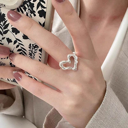 PANJBJ 925 Sterling Silver Love Herat Rings For Women Liquid Lava Hollow Out Design Fashion Versatile Jewelry Gift Dropshipping - Touchy Style
