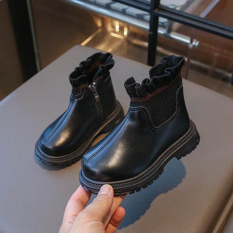 Knitted Ruffled Bordered Girl Short Boots 2024 Spring Autumn Platform Boots for Kids Girls Princess Wedding Party Shoes H07204 - Touchy Style