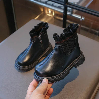 Knitted Ruffled Bordered Girl Short Boots 2024 Spring Autumn Platform Boots for Kids Girls Princess Wedding Party Shoes H07204 - Touchy Style