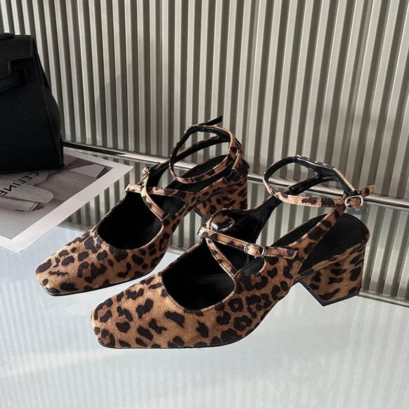 New Fashion Leopard Print Narrow Band Buckle Strap Women Pumps Elegant Square Toe High Heels Wedding Party Shoes - Touchy Style