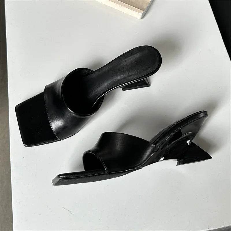 New Design Concise Wedges High Heels Women Slippers Square Toe Party Dress Slides Summer Shoes - Touchy Style