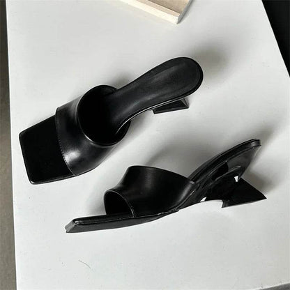 New Design Concise Wedges High Heels Women Slippers Square Toe Party Dress Slides Summer Shoes - Touchy Style