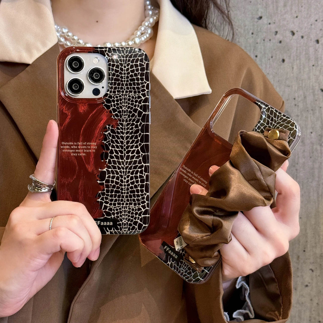 Cute Phone Cases for iPhone 16, 15, 14, 13 Pro Max - Feather Texture &amp; Alligator Skin Splicing Silk Wrist Band - Chic Cover - PC3130 - Touchy Style