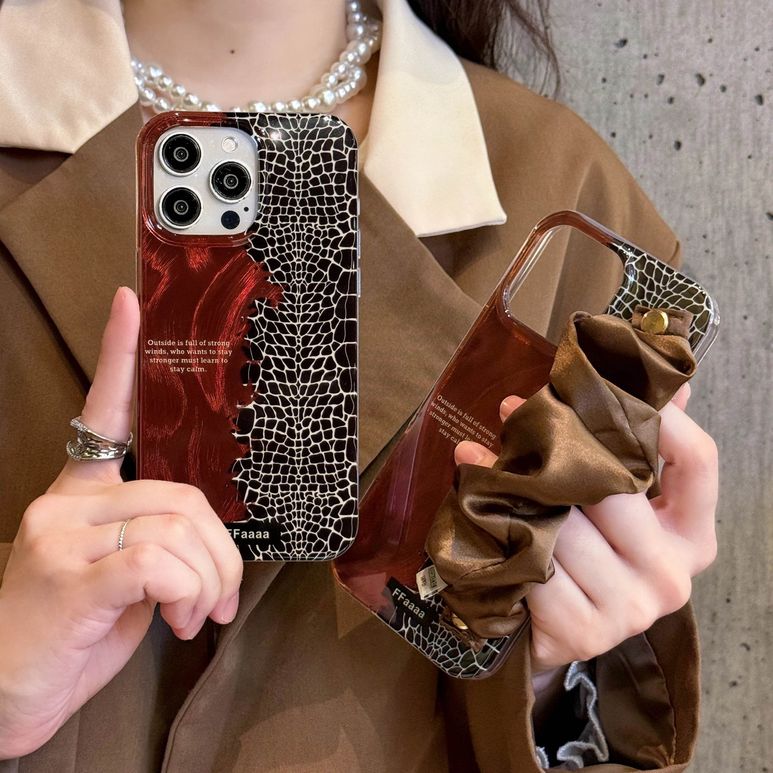 Cute Phone Cases for iPhone 16, 15, 14, 13 Pro Max - Feather Texture &amp; Alligator Skin Splicing Silk Wrist Band - Chic Cover - PC3130 - Touchy Style